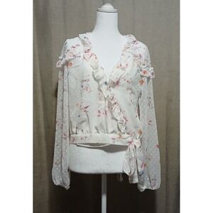 Aqua Women White Floral Clip Dot Ruffle Wrap Blouse Long Sleeve Side Tie Medium